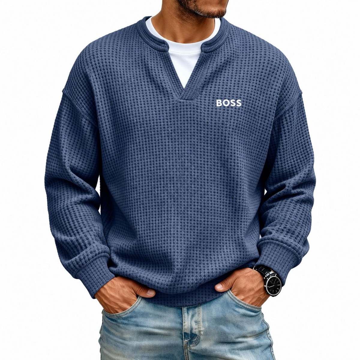 Men's Waffle-Knit Notch-Neck Sweater
