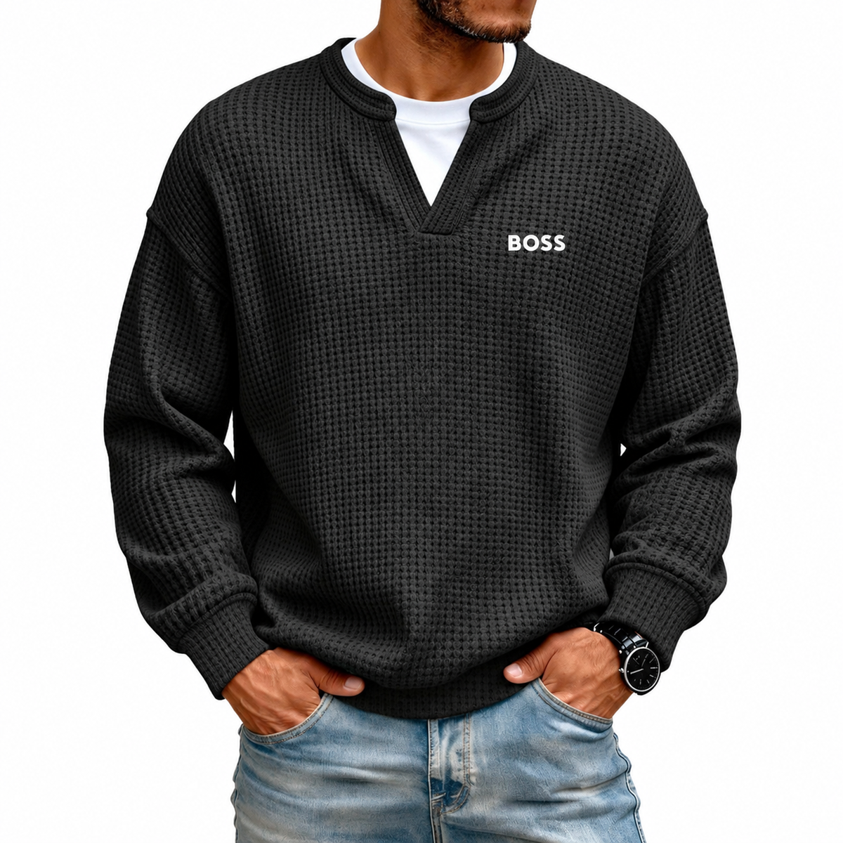 Men's Waffle-Knit Notch-Neck Sweater