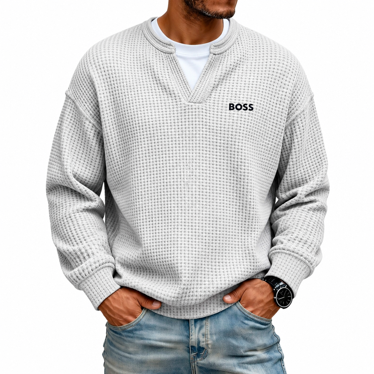 Men's Waffle-Knit Notch-Neck Sweater