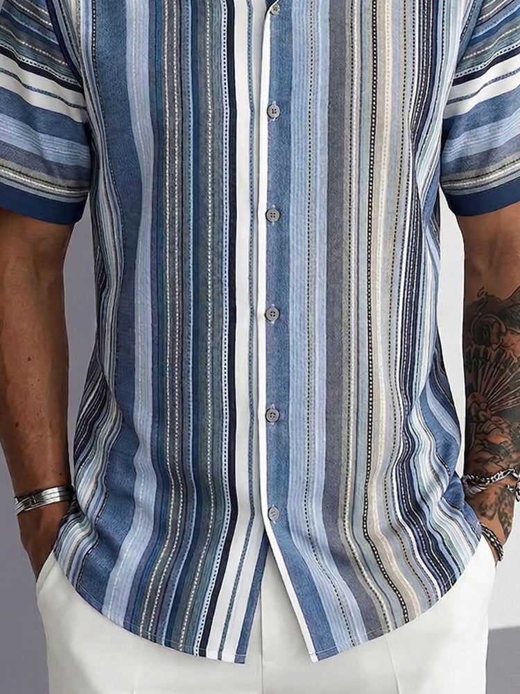 Casual Cuban Collar Stripe Printed Shirt