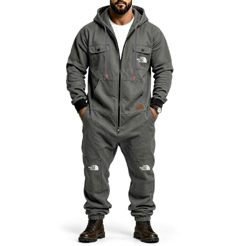 Men's Hooded Cargo Jumpsuit – Zip-Front Multi-Pocket Utility Coverall