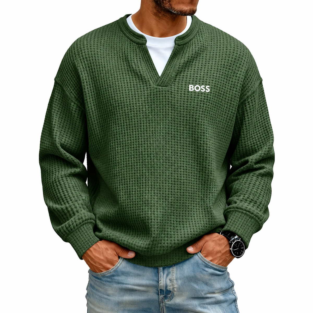 Men's Waffle-Knit Notch-Neck Sweater