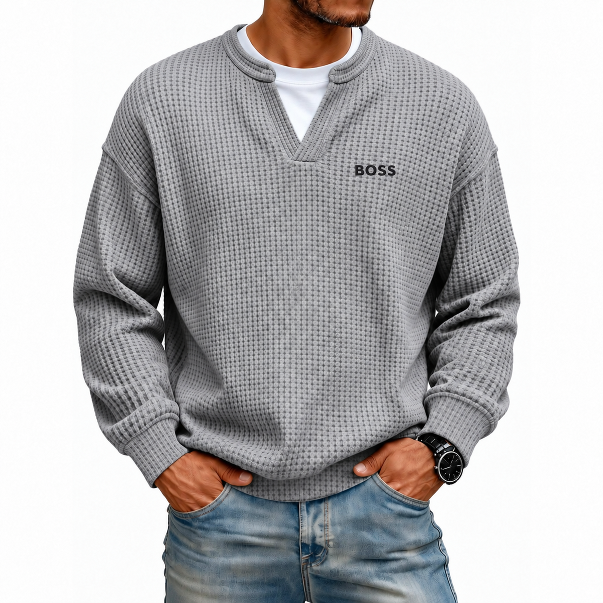 Men's Waffle-Knit Notch-Neck Sweater