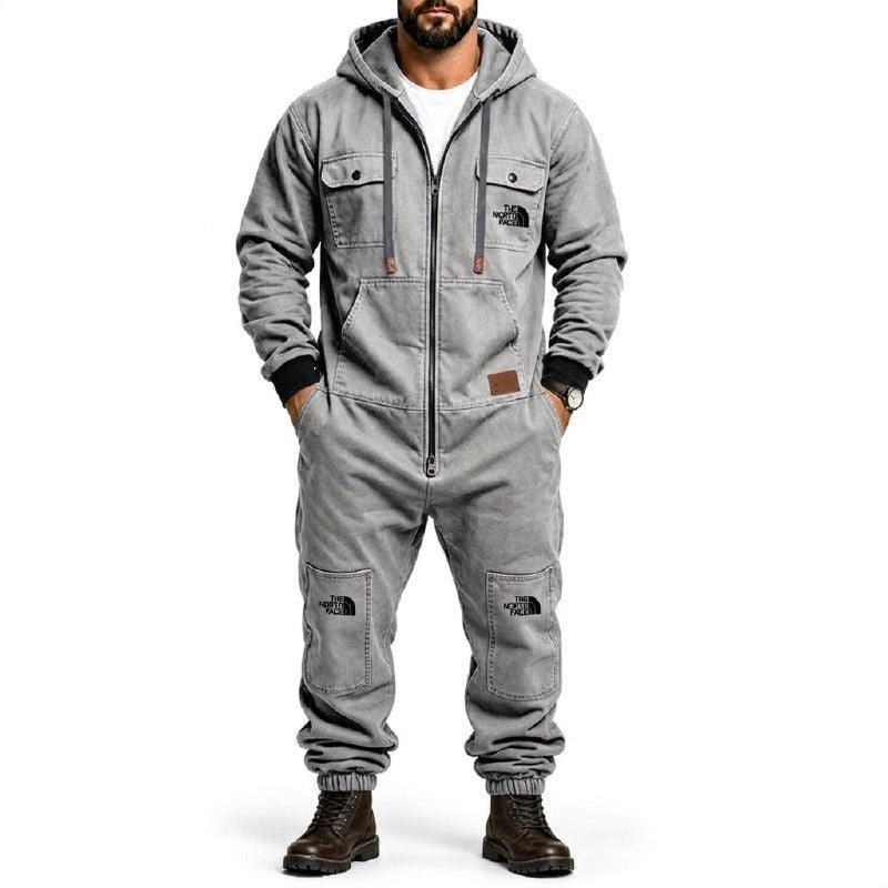 Men's Hooded Cargo Jumpsuit – Zip-Front Multi-Pocket Utility Coverall