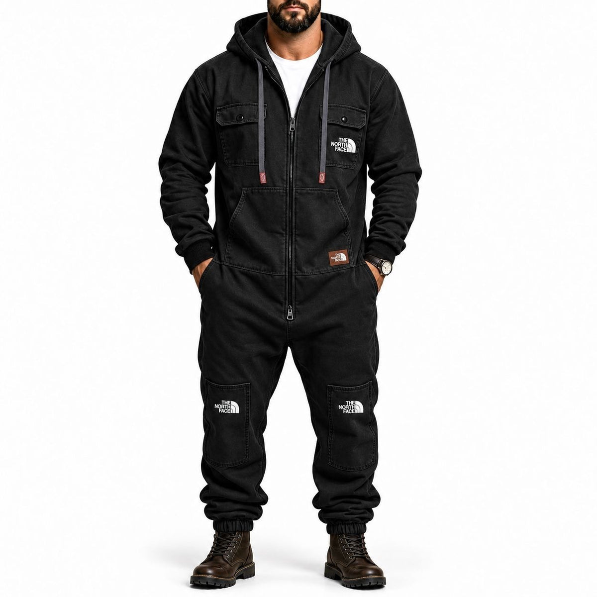 Men's Hooded Cargo Jumpsuit – Zip-Front Multi-Pocket Utility Coverall