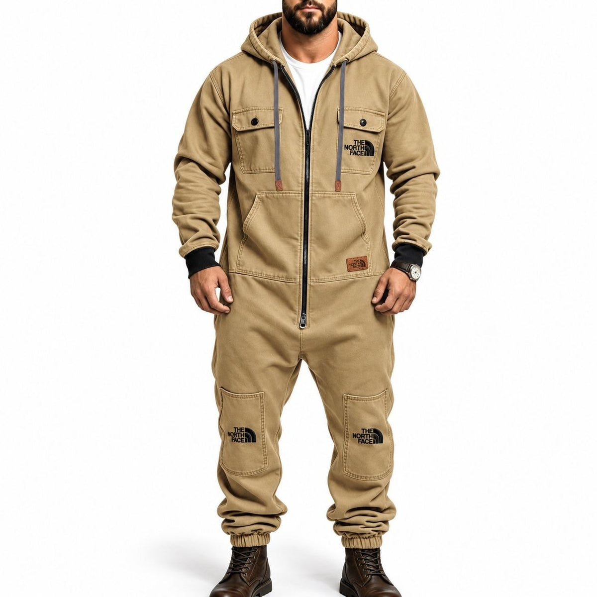Men's Hooded Cargo Jumpsuit – Zip-Front Multi-Pocket Utility Coverall